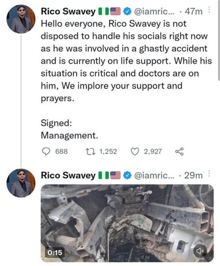 
‘He Is Currently On Life Support,’ Says Rico Swavey’s Team, As Video Of The Accident Scene Is Released. 