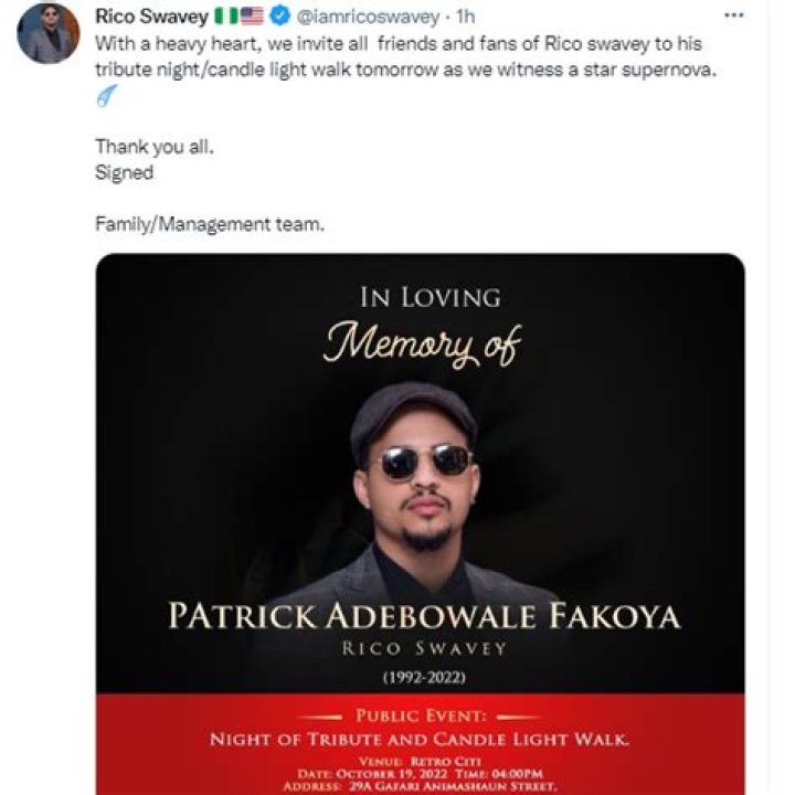 
Tobi Bakre Announced Reality TV Star Rico Swavey Demise Moments Ago 